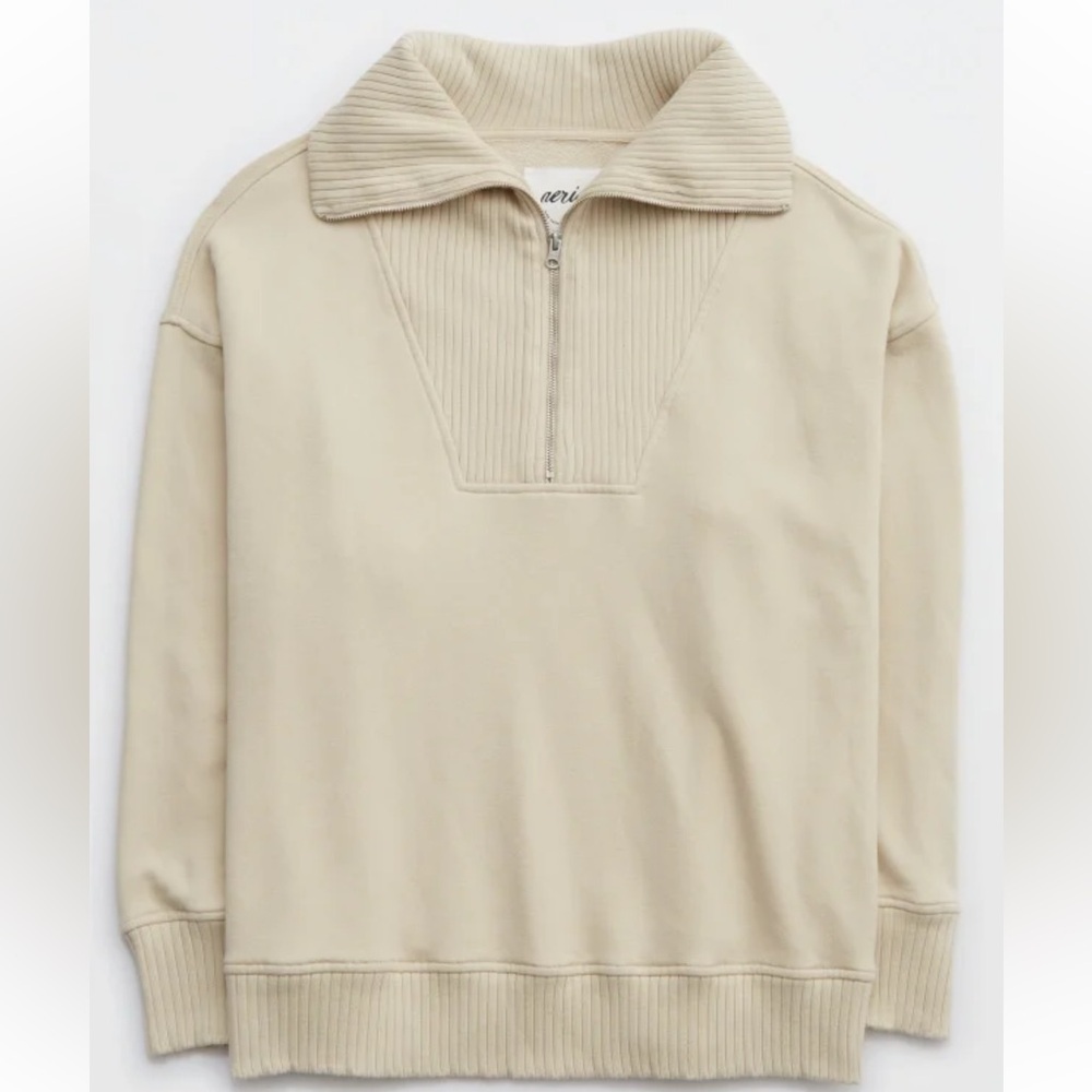 Aerie Down-to-Earth Quarter Zip Sweatshirt - Small Off White, Cozy‎ & Stylish